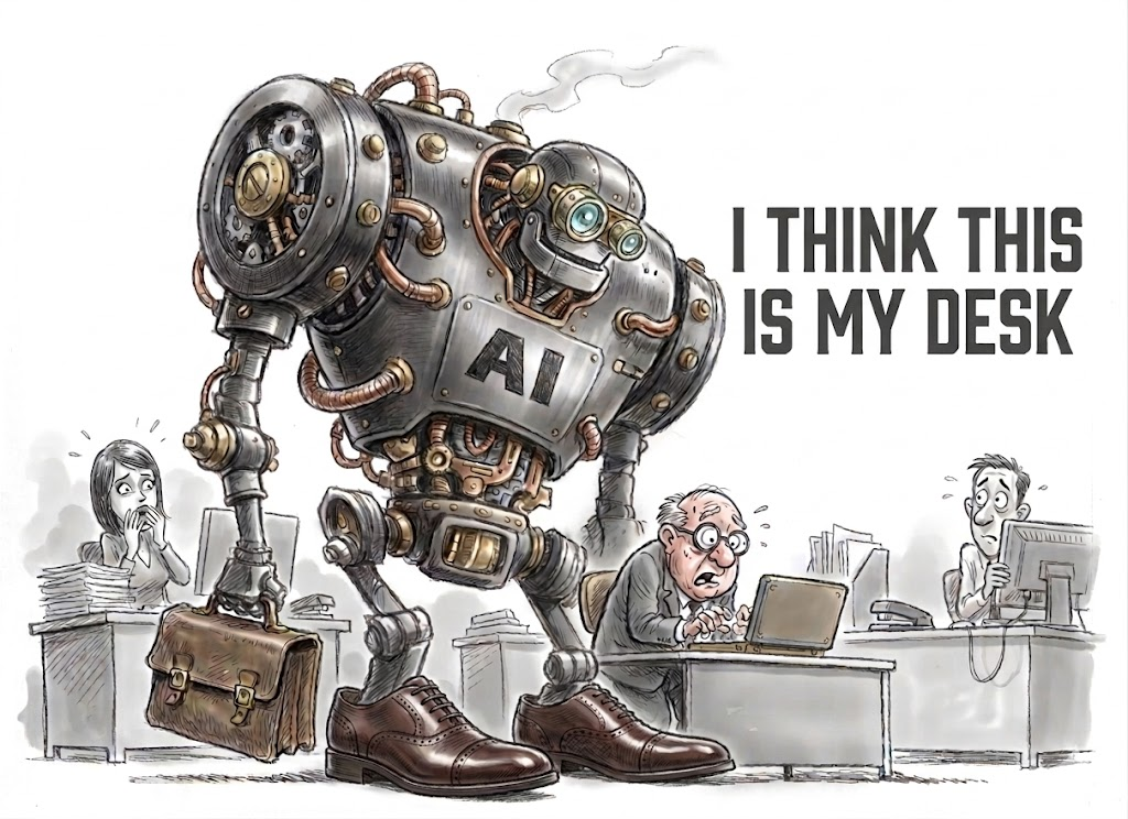 AI robot in business attire standing at an office desk — I Think This Is My Desk