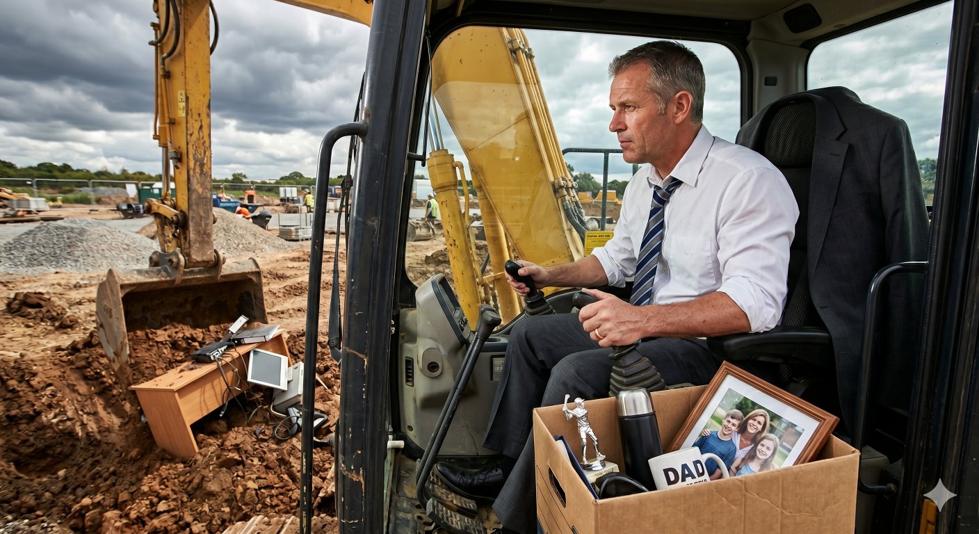 A man in his early 50s, suit jacket over the seat, sleeves rolled up, operates a construction excavator at a working site. Beside him: a banker's box with a golf trophy, DAD mug, thermos, and framed family photo. In the dirt: partially buried office items. Overcast sky, sun breaking through.
